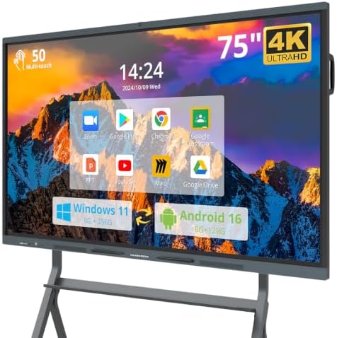 75″ Smart Board, 4K UHD Interactive Whiteboard Built in Dual System and 48MP Camera, All in One Digital Whiteboard for Home, Classroom and Business (Wall Mount Included) by HUSHIDA