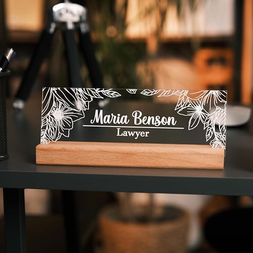 Personalized LED Desk Name Plate Custom Acrylic Office Name Sign with Wooden Base - Image 3
