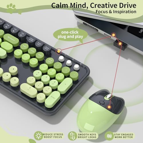 Wireless Keyboard and Mouse, MOFII 104 Round Keycaps Retro Typewriter with OTG & Brush, Full-Size Ergonomic, Ideal for Windows PC, Home, Office and College Gray Green - Image 4