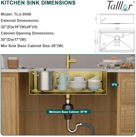 32"x19" Gold Undermount Kitchen Sink, Workstation All-In One Gold 16 Gauge T-304 Stainless Steel Under Counter Single Bowl Sink for Kitchen with Mixing Board & Pasta Strainer #TLU-0049 - Image 4