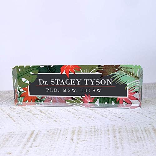 Artblox Personalized Name Plate for Desk | Leaf Flowers Design On Clear Acrylic Glass | Custom Desk Name Plate Personalized with Your Name and Credentials for Teacher Phd Military Office Name Plate - Image 2
