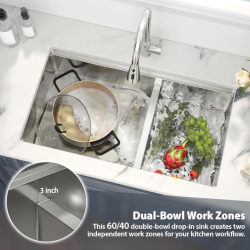 33 Undermount Kitchen Sink Stainless Steel 16 Gauge Double Bowl Low Divide - Image 7
