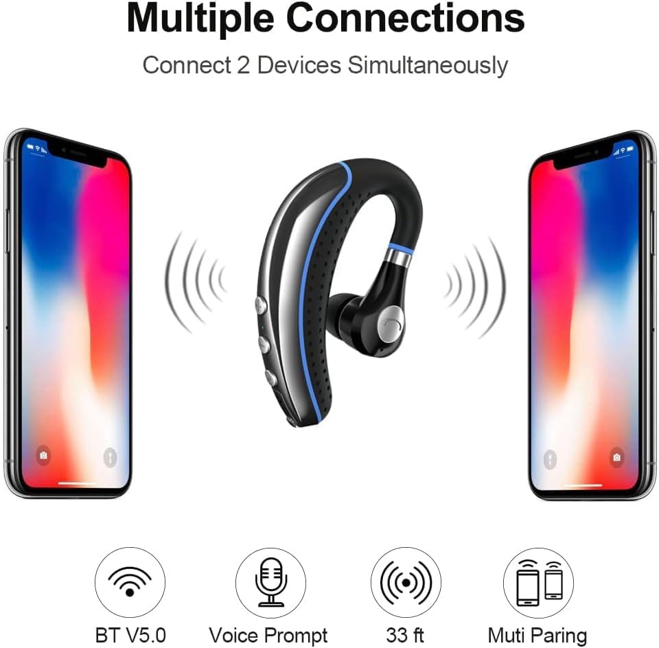 Bluetooth Headset V5.0 Wireless Bluetooth Earpiece with Noise Canceling Mic for Cell Phone Ultralight Business Earphone for Driving/Trucker/Office Earbus for Android/iPhone/Smartphone-Blue - Image 4