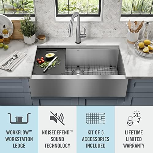 DELTA FAUCET Rivet 36-inch Workstation Farmhouse Apron Front Kitchen Sink Undermount 16 Gauge Stainless Steel Single Bowl with WorkFlow Ledge and Kit of 5 Accessories, 95C9031-36S-SS - Image 3