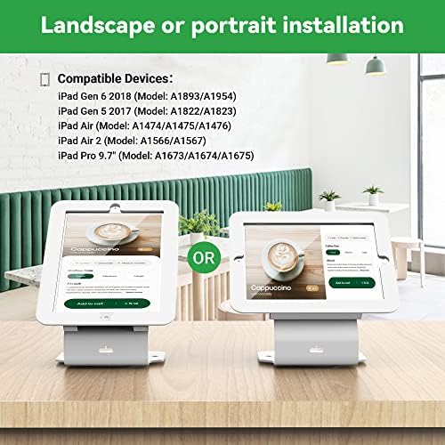Kiosk POS Tablet Stand Compatible with iPad Air 1, Air 2, Pro 9.7, 5th, 6th, Business Desktop Retail Tablet Stand with 360° Swivel Base, Metal, White, PSC101W - Image 3