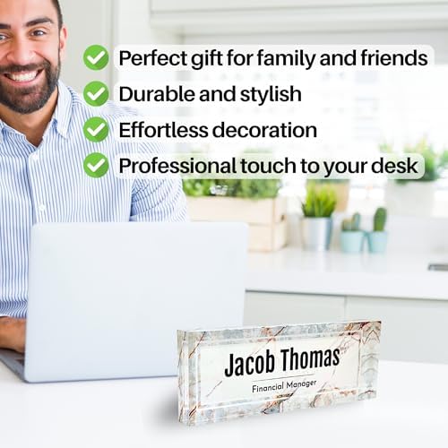 Customized Clear Acrylic Thick 8x3" Desk Name Plate Block with Personalized Logo - Professional Office Decor - Customized Acrylic Plate Gift for Teacher Co-workers (Beige Marble) - Image 4