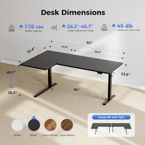 Agilestic 63 * 35 Inch Reversible L Shaped Electric Standing Desk, Black - Image 3