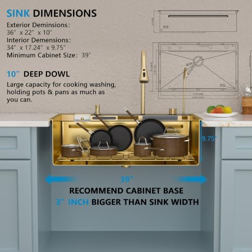 36"x22" Drop In Waterfall Kitchen Sink - Brushed Gold NANO-PVD, 16 Gauge 304 Stainless Steel, Ledge Workstation Single Bowl Top Mount Smart Waterfall Sink with Faucet Combo & Glass Rinser - Image 5