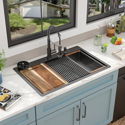 33"x22" Drop In Kitchen Sink with Faucet Combo & Glass Rinser - Image 2