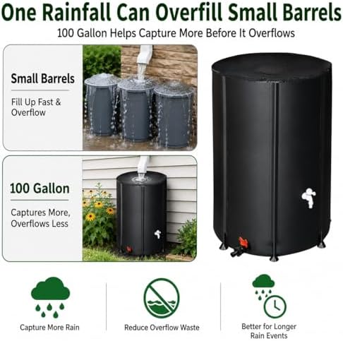 100 Gallon Collapsible Rain Barrel, Portable Rainwater Collection System, Water Storage Tank, Rain Catcher Barrel with Two Spigots and Overflow Kit, Rain Water Barrel Collector for Garden, Black - Image 4