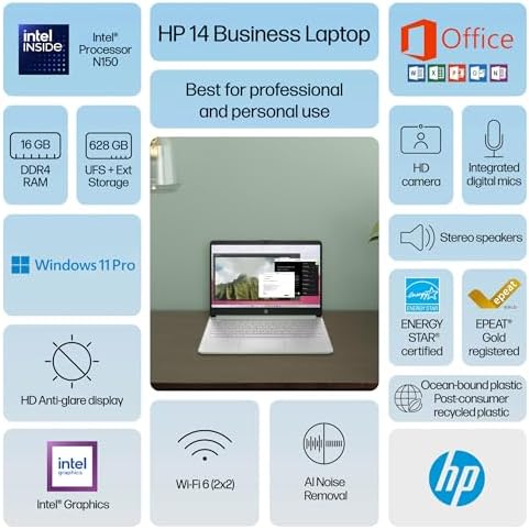 HP 14" Laptop 2025 Business Student Slim Computer, Lifetime MS Office, Copilot AI, Quad-Core Intel CPU, 16GB RAM, 628GB Storage (128GB UFS+500GB Ext), MarxsolAccessory, Wi-Fi 6, Win 11 Pro, Green - Image 2