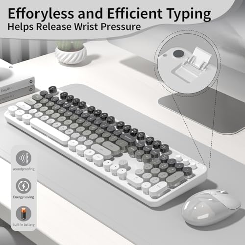 Creamy Wireless Keyboard and Mouse, MOFII 104 Round Keycaps Retro Typewriter with OTG & Brush, Full-Size Ergonomic, Ideal for Windows PC, Home, Office and College Gray White - Image 6