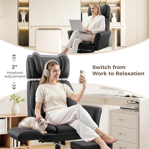 Big and Tall Office Chair, Flip Armrests for Pets & Cross Legged Sitting, Ergonomic Leather Executive Desk Chair with Foot Rest, High-Back Reclining Computer Chairs for Home Office Gaming, Black - Image 5