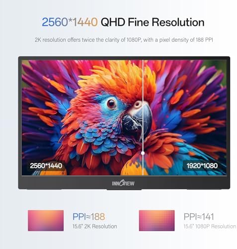 InnoView 2K Portable Monitor 15.6" QHD 100% sRGB, Built-in 180° Adjustable Stand Travel Monitor USB C Standard HDMI Ultra-Slim Portable Monitor for Laptop MacBook Phone PS5 Xbox Switch - Image 3