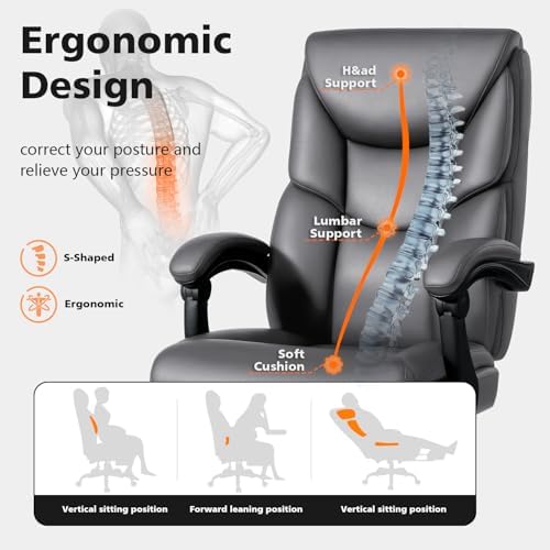 WAILOR 400lbs Office Chair with Foot Rest, Reclining Big and Tall Office Chair with Lumbar Support, High Back PU Leather Computer Chair,Comfy Desk Chair for Home Office (Gray) - Image 4