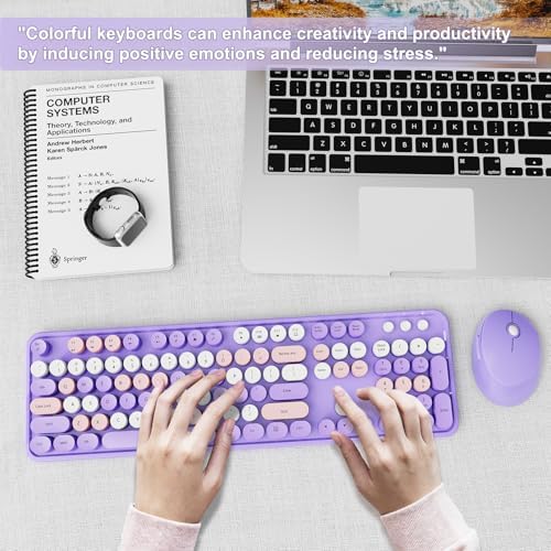 SkyGive Wireless Keyboard and Mouse Combo, Ergonomic Full Size Typewriter Retro Round Keycaps Keyboard, Compatible with Windows, PC, Perfer for Home and Office Keyboards (Lavender Purple - Image 7