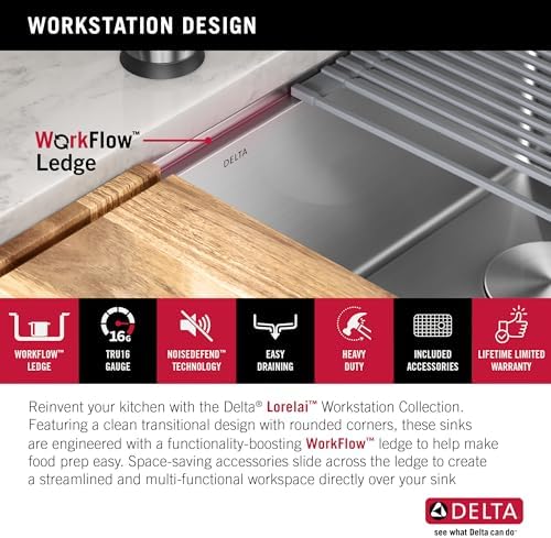 DELTA FAUCET 95B932-27S-SS Lorelai Workstation Kitchen Sink Undermount Stainless Steel Single Bowl with WorkFlow Ledge and Chef’s Kit of 6 Accessories - Image 3