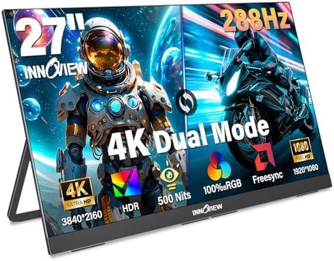 InnoView 27 Inch Monitor Dual Mode 4K UHD 120Hz/FHD 288Hz Larger Monitor, USB-C HDMI Computer Display HDR IPS Gaming Monitor, Kickstand, Speakers, for PC, MAC, Phone, PS4, Xbox, Switch by InnoView
