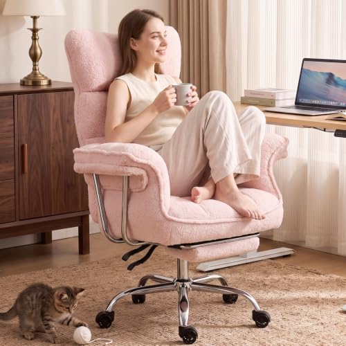 Dowinx Big and Tall Office Chair with Footrest, Ergonomic High Back Reclining Design, Wide Seat, Thick Cushion, Wide Armrests, Teddy Fleece Criss Cross Desk Chair, Light Pink by Dowinx