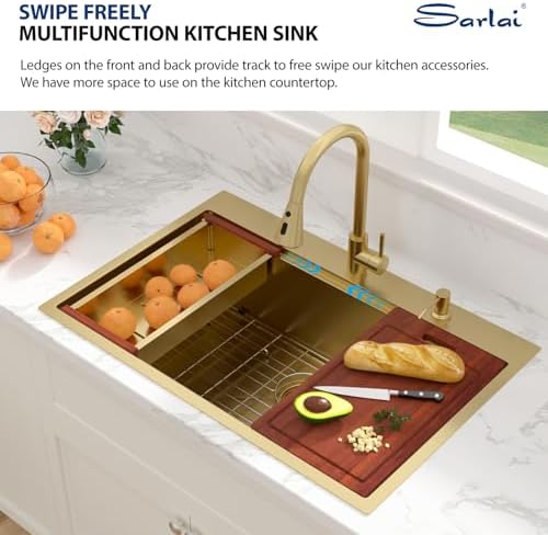Sarlai 33 Gold Kitchen Sink with Faucet- 33x22 Inch Drop In Kitchen Sink Single Bowl Topmount Gold Ledge Workstation Sinks 16 Gauge Stainless Steel Sinks with Pull-out Faucet - Image 3
