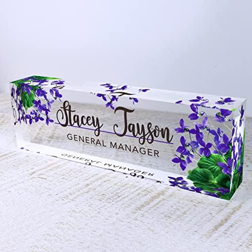 Artblox Personalized Name Plate For Desk | Violets Flowers Design On Clear Acrylic Glass | Custom Desk Name Plate Personalized With Your Name And Credentials For Teacher Phd Military Office Name Plate - Image 5