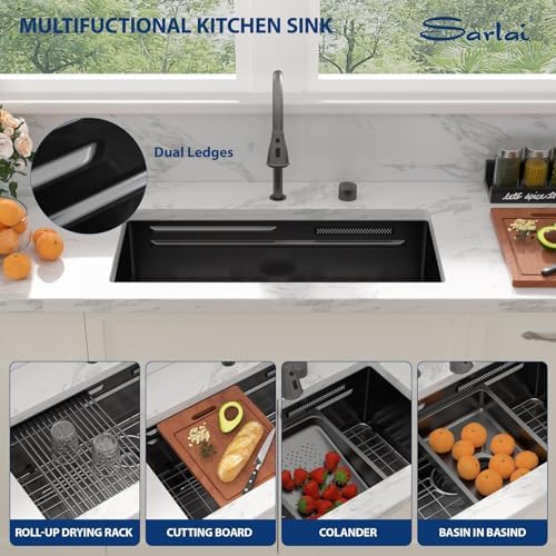 Sarlai 33 Inch Waterfall Kitchen Sink Black Undermount Workstation Sink - Image 6