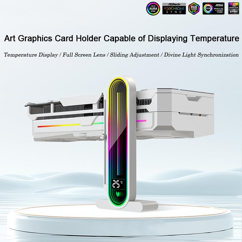 Temperature Displaying GPU Stand ARGB Infinity Graphics Card Support Adjustable 5V 3PIN Video Card Holder Anti-sag Bracket Magnetic Base Display Card Brace Rack PC Graphic Card Accessories (Black) - Image 2