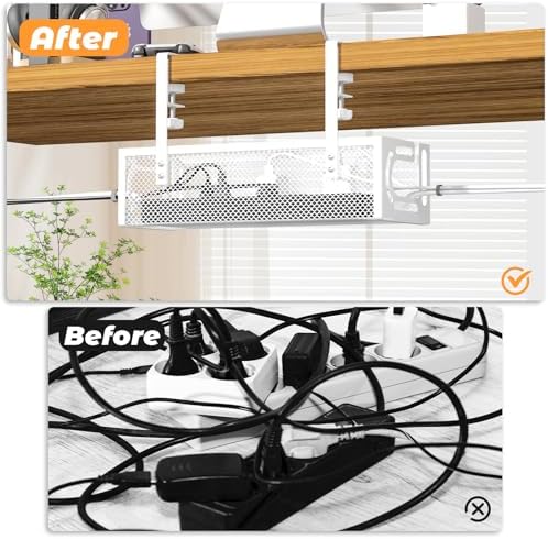 Under Desk Cable Management Tray, 15.7'' No Drill Steel Desk Cable Organizers, Wire Management Tray Cable Management Rack (1 Pack-White) - Image 3