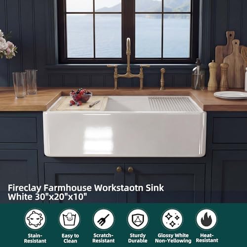 Miuara 30 x 20 Inch White Apron Front Farmhouse Workstation Kitchen Sink - Image 2