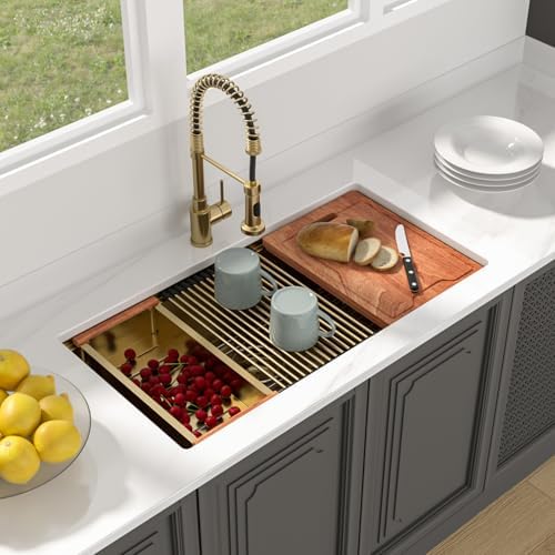 Lordear Gold Undermount Kitchen Sink 36" x 19" Stainless Steel Sinks 16 Gauge Single Bowl Ledge Workstation Handmade Under Counter Kitchen Sink Basin with Built-In Accessories - Image 2