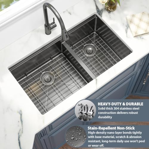 33 Black Undermount Kitchen Sink Double Bowl Workstation 60/40 Low Divide - Image 4