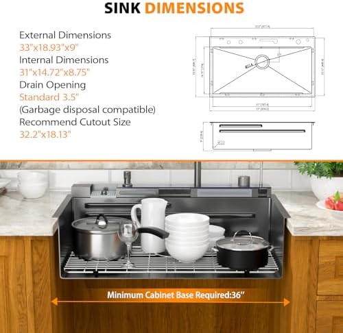 Mocoloo 33 Inch Black Honeycomb Waterfall Kitchen Sink Drop in, 33x19 Inch Stainless Steel Workstation Sink 16 Gauge Topmount Single Bowl Sink with Complete Kit - Image 2