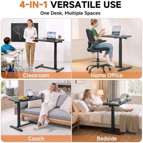 GTPLAYER Small Standing Desk with Hidden Wheels, Pneumatic Mobile Rolling Laptop Desk, Adjustable Height Overbed Bedside Table Computer Workstation for Home Office (28" W x 16" D, Pure Black) - Image 6