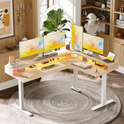 TIQLAB 63'' L-Shaped Standing Desk with LED Light Strip and Power Outlet, Height Adjustable Corner Table with Ergonomic Monitor Stand, Light Walnut - Image 2