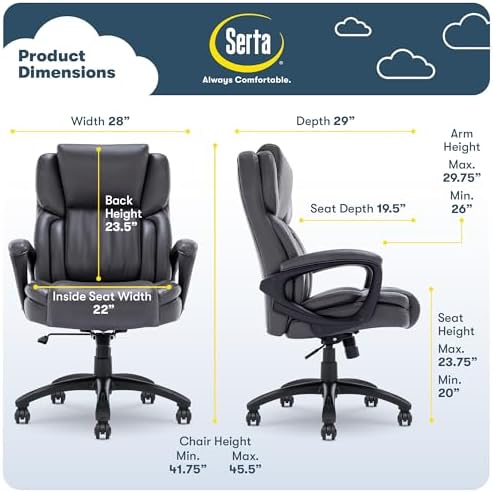 Serta Garret Executive Office Chair, Ergonomic Mid-Back with Lumbar Support, Semi-Plush Cushion and Body Pillows, Padded Armrests, Swivel Base, Bonded Leather, Space Gray - Image 2