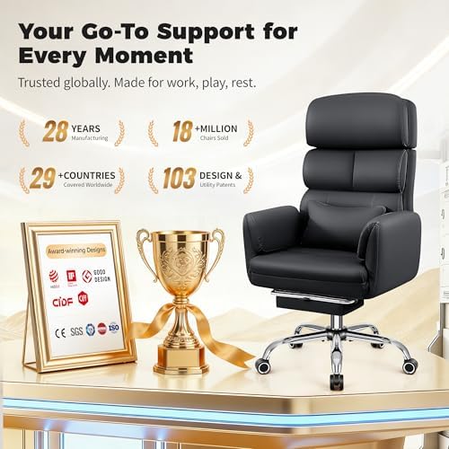 Big and Tall Office Chair 500LBS, Ergonomic High Back Leather Executive Chair, Reclining Swivel with Adjustable Armrests Lumbar Support Footrest, Criss Cross Legged, Black - Image 3