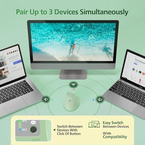 Micropack Ergonomic Vertical Wireless Bluetooth Mouse for Laptop MacBook PC Rechargeable Silent Click 3-Mode Multi-Device 2.4G Adjustable DPI Compatible with Windows Android iOS MacOS Green - Image 2