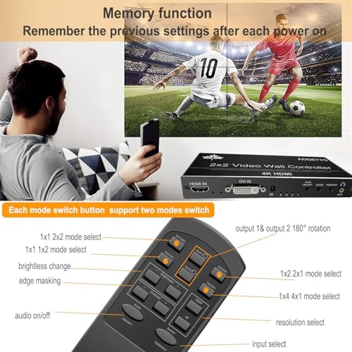 Video Wall Controller2x2 4k,HDMI & DVI 4k Input Makes 4 TV Screens Into 1 Video Wall Display, 180° Rotate, Extra Audio, IR Remote &RS232+Button Press, Video Wall Controller 1x2,1x3,1x4,2x1,3x1x4x1 - Image 4