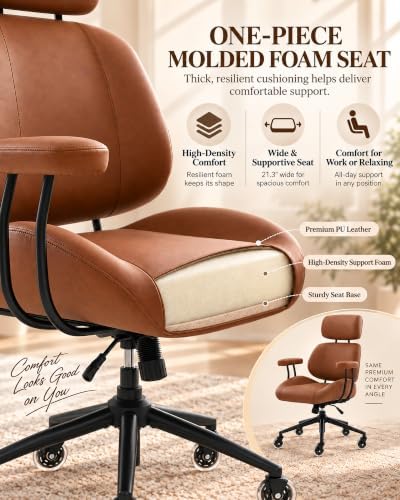 E-Motie Mid-Century Modern Desk Chair, Brown Ergonomic Leather Office Chair - Image 4