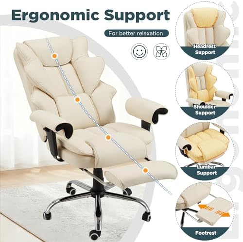 HOMREST Ergonomic Executive Office Chair, 6-Point Massage Manager Chair with Heating Function, Adjustable Backrest Home Office Chair with Adjustable Footrest and Armrests (Beige) - Image 7