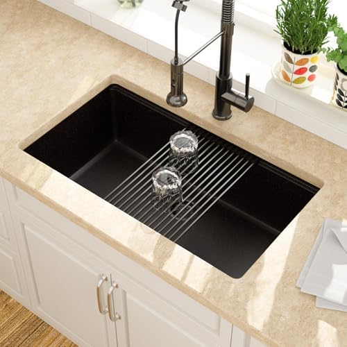 Lordear 33 Inch Black Undermount Kitchen Granite Composite Workstation 33x19 Matte Black Undermount Quartz Sinks Under Counter Single Bowl Sink with Matte Black Accessories - Image 2