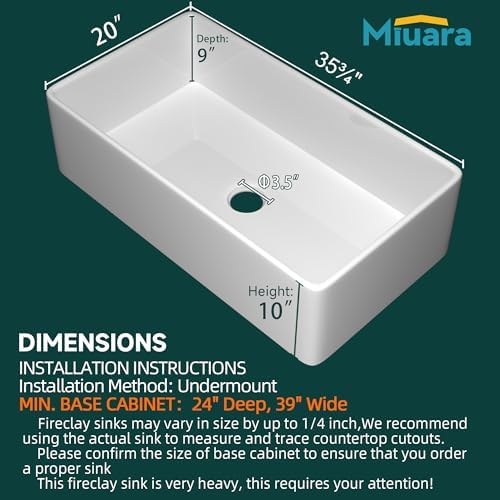 Miuara Farmhouse Sink 36 x 20 Inch White Fireclay Apron Front Kitchen Sink - Image 3