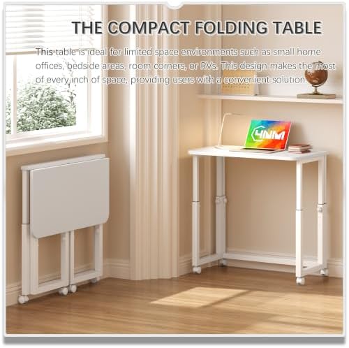4NM No Tool Assembly 27.5" Small Desk, Folding Portable Desk with Wheels, Foldable Computer Home Office Desks, Collapsible Study Writing Table for Space Saving Bedroom - All White - Image 3