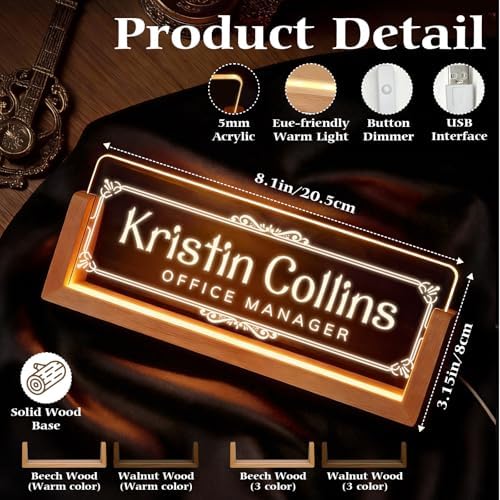 Personalized Light Up Acrylic Desk Name Plate - Custom Name Plate for Desk with Walnut Wood Base - Appreciation Office Gifts for Employees, Teacher, Social Worker (Vintage Frame) - Image 3