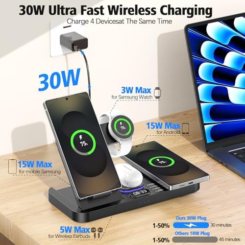 Magnetic Wireless Charger for Samsung, 6 in 1 for Samsung Charging Station,30W Dual Phone with Auto-Switch 7-Color Light & Clock,for Samsung S26,for Galaxy Buds for Samsung Galaxy Watch - Image 4