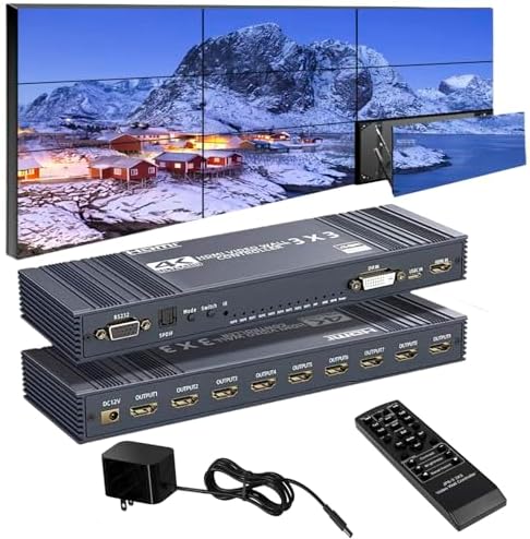 4K 3x3 HDMI/DVI/USB-C Video Wall Controller 9-Channel TV Wall Processor Support 1HDMI/DVI/Type-C USB In 9HDMI Out 90°/180° Rotate SPDIF Audio RS232 Remote 17 Splicing Modes 4×2 3×2 2×2 2×3 2×4 4×1 etc by Unknown
