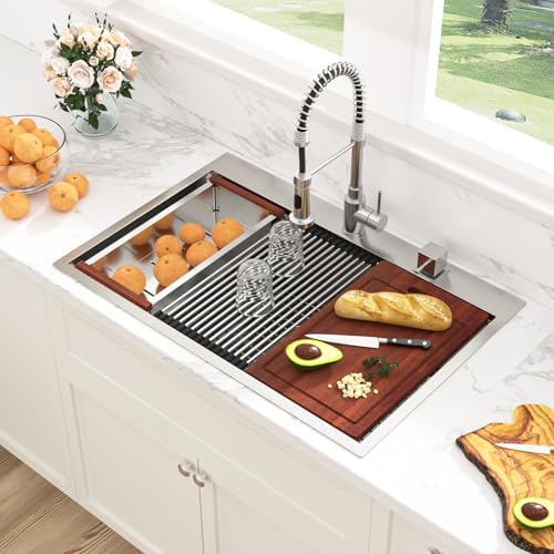 Sarlai Drop In Kitchen Sink - 33x22 Drop In Kitchen Sink Ledge Workstation 16 Gauge Stainless Steel Topmount Deep Single Bowl Over Counter Sinks Basin Round Corners - Image 2