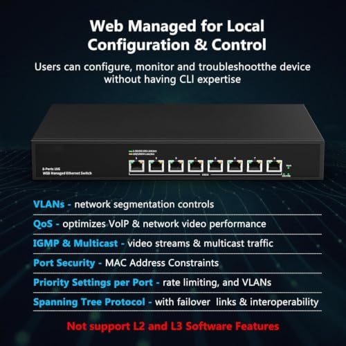 8 Port 10Gb RJ45 Web Managed Network Ethernet Switch 8 x 10G Base-T Port | Multi-Gig 10G-5G-2.5G-1G | 19 Inch Rack Mount | Built-in Fan | 160G Bandwidth | 10Gbps for 10G NAS, PC, WiFi7 Router - Image 4
