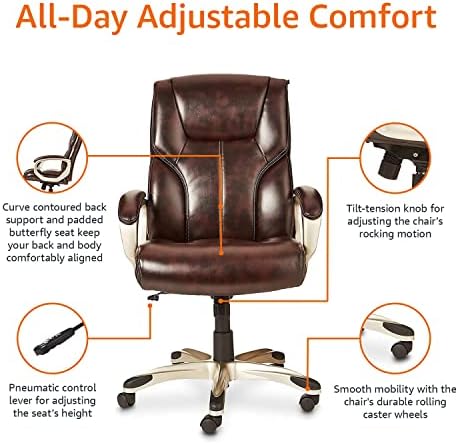 Amazon Basics Executive High Back Office Chair, Adjustable Height, Tilt, Swivel, Padded Armrests, Brown/Gold - Image 5