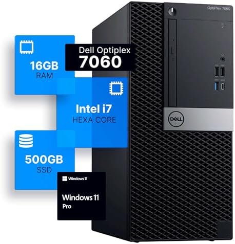 Dell Optiplex 7060 Tower Desktop Computer | Intel i7-8700 (3.4) | 16GB DDR4 RAM | 500GB SSD Solid State | Windows 11 Professional | Home or Office PC (Renewed) by Amazon+Renewed